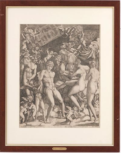 Scuola di Fontainebleau, Marte e Venere, incisione al bulino, Roma, seconda metà del XVI secolo (...