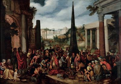 Scuola Fiamminga del XVII Secolo L’elemosina di Sant'eligio sullo Sfondo del Campo Vaccino a Roma