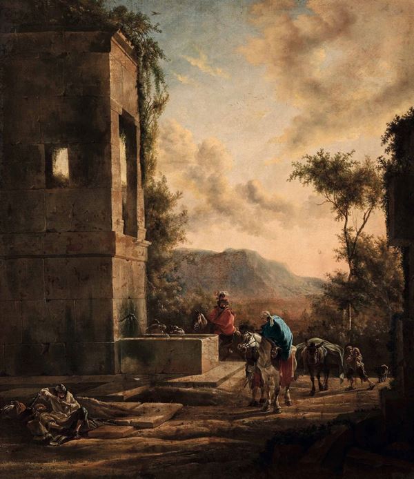Jan Weenix - Paesaggio con viandanti e rovine