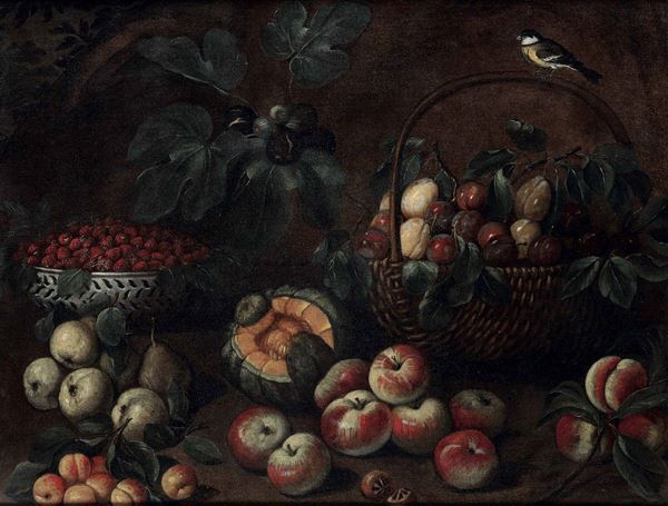 Scuola del XVIII secolo Natura morta con cesta, frutti e uccellino