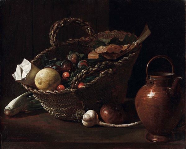 Giovanni Francesco Briglia - Natura morta con cesto, frutti e ortaggi