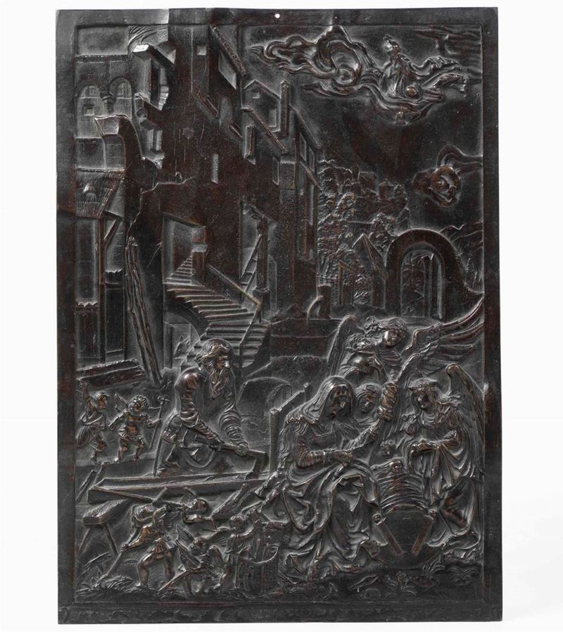 Sacra Famiglia. Placca in bronzo fuso e cesellato. Fonditore tedesco del XVII secolo  - Asta Scultura - Cambi Casa d'Aste