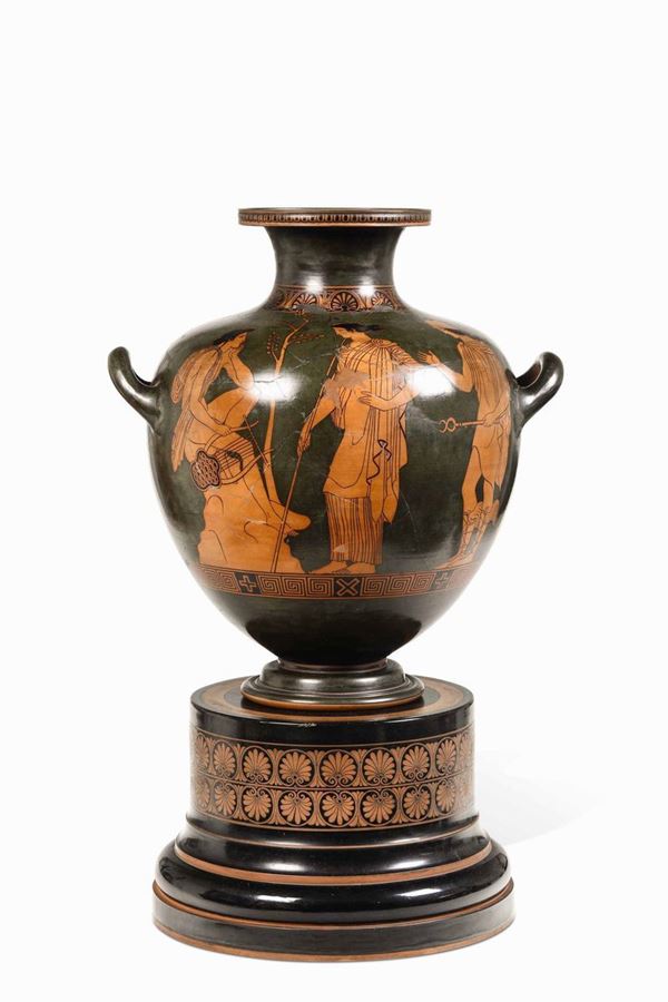 Grande vaso "stamnos" su base a colonna. Napoli, Manifattura di Biagio Giustiniani, primo terzo del XIX secolo