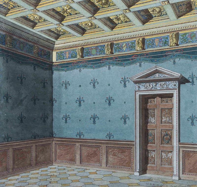 Inizio del XX secolo Interno di palazzo  - Acquerello su carta - Auction Italian Mansions - Cambi Casa d'Aste