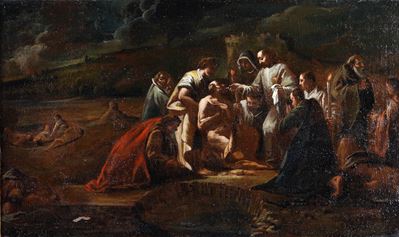 Scuola del XVII secolo, Atto di carità, olio su tela