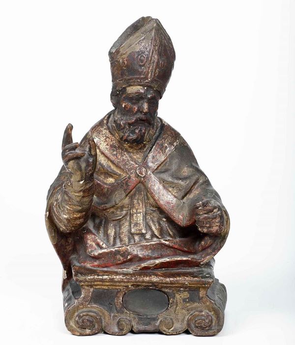 Santo Vescovo. Reliquiario in legno laccato scolpito. Arte barocca italiana del XVII-XVIII secolo