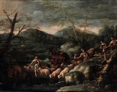 Scuola italiana del XVII secolo, Paesaggio con pastori e armenti, olio su tela