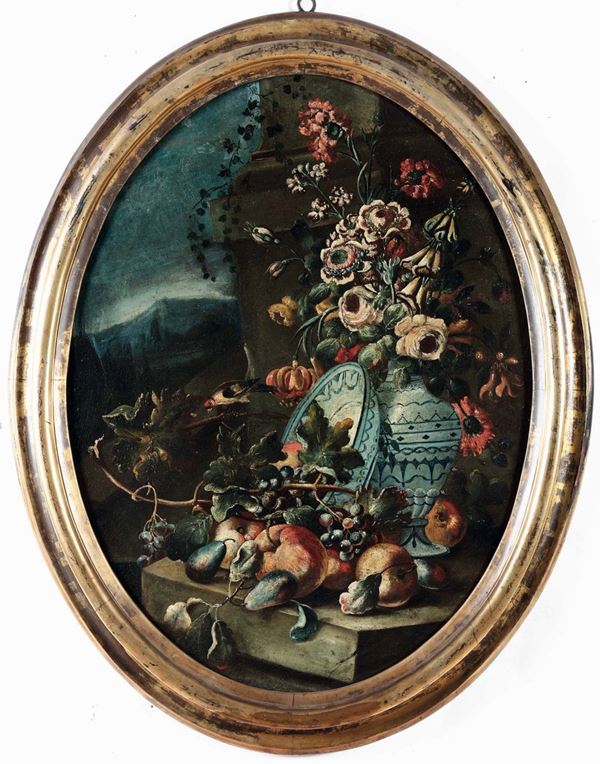Scuola dell'Italia meridionale della fine del XVII secolo Nature morte con composizioni di fiori, frutti, uccellini e vasellame