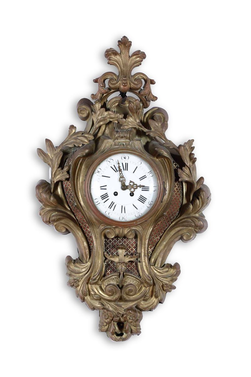 Pendola da parete Cartel in bronzo fuso, dorato e cesellato.Francia XIX secolo  - Auction Pendulum and clocks - Cambi Casa d'Aste