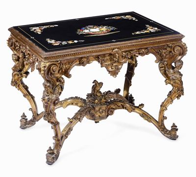 Consolle in Legno Intagliato e Dorato con Piano in Commesso di Marmi Fiorentino. XIX-XX Secolo