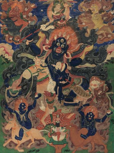 Thangka su Seta Raffigurante Divinità Centrale a Cavallo e Altre Divinità, Tibet, XVIII Secolo