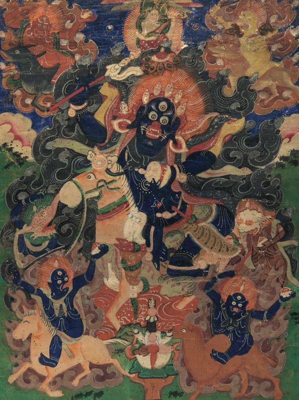 Thangka su seta raffigurante divinità centrale a cavallo e altre divinità, Tibet, XVIII secolo