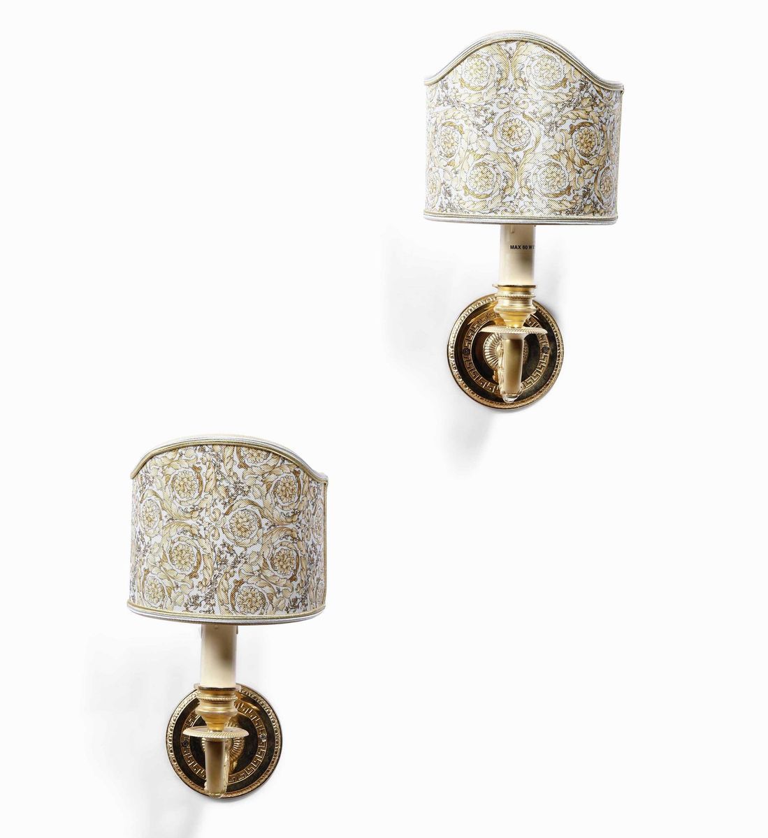 Coppia di Appliques in Bronzo Dorato con Paralumi in Stoffa Versace