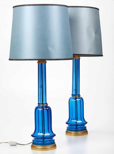 Coppia di Lampade in Vetro Blu. XX Secolo