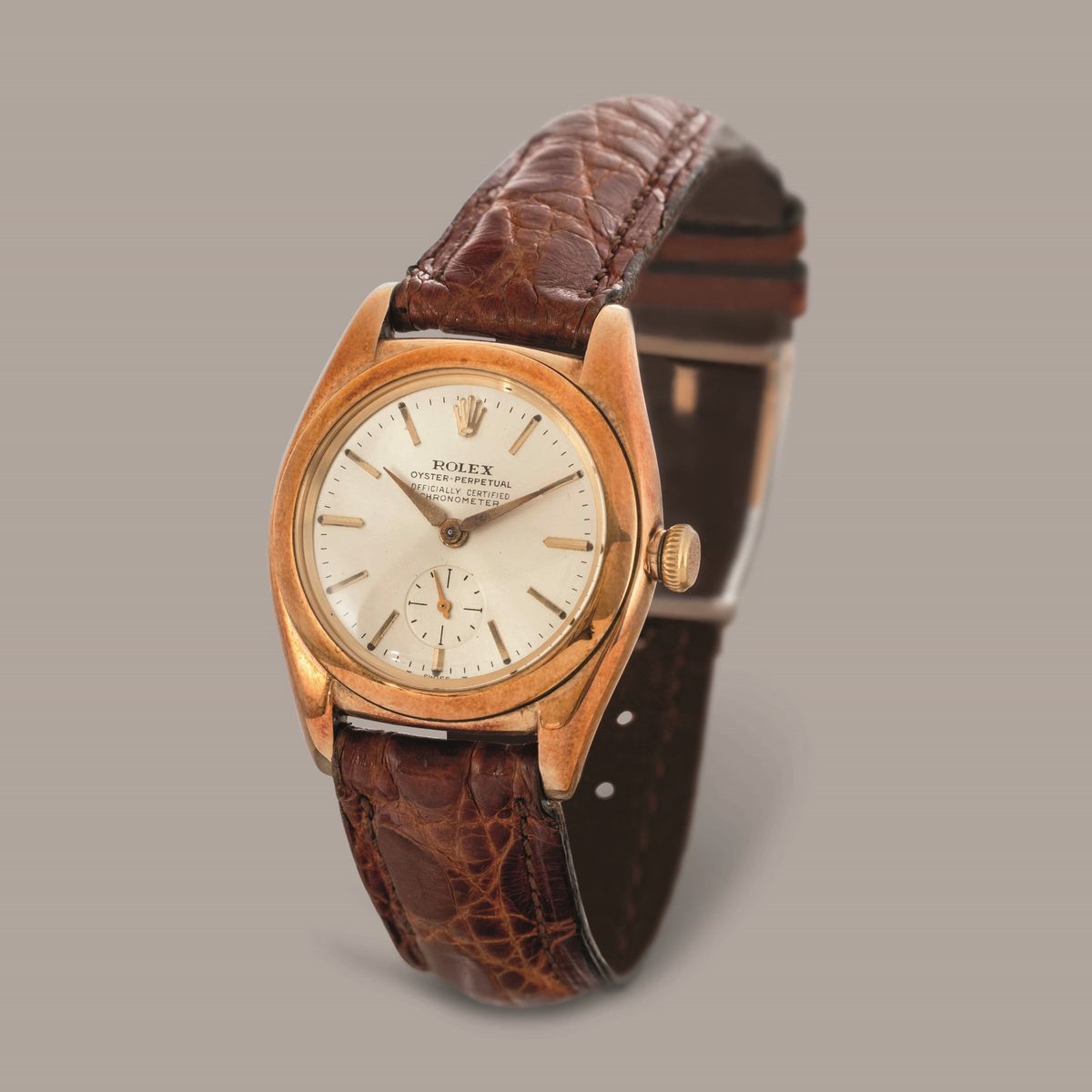 Rolex - Ovetto Ref 3131 in Oro Giallo 14k Quadrante Argentè Soleil, Secondi in Basso e Carica Aut...