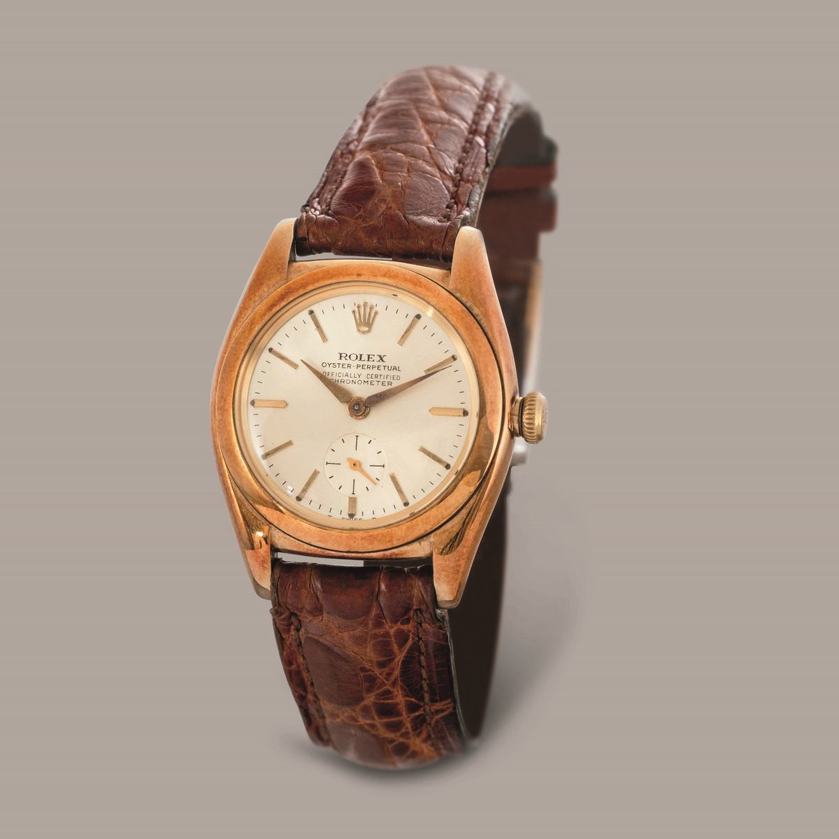 Rolex - Ovetto Ref 3131 in Oro Giallo 14k Quadrante Argentè Soleil, Secondi in Basso e Carica Aut...