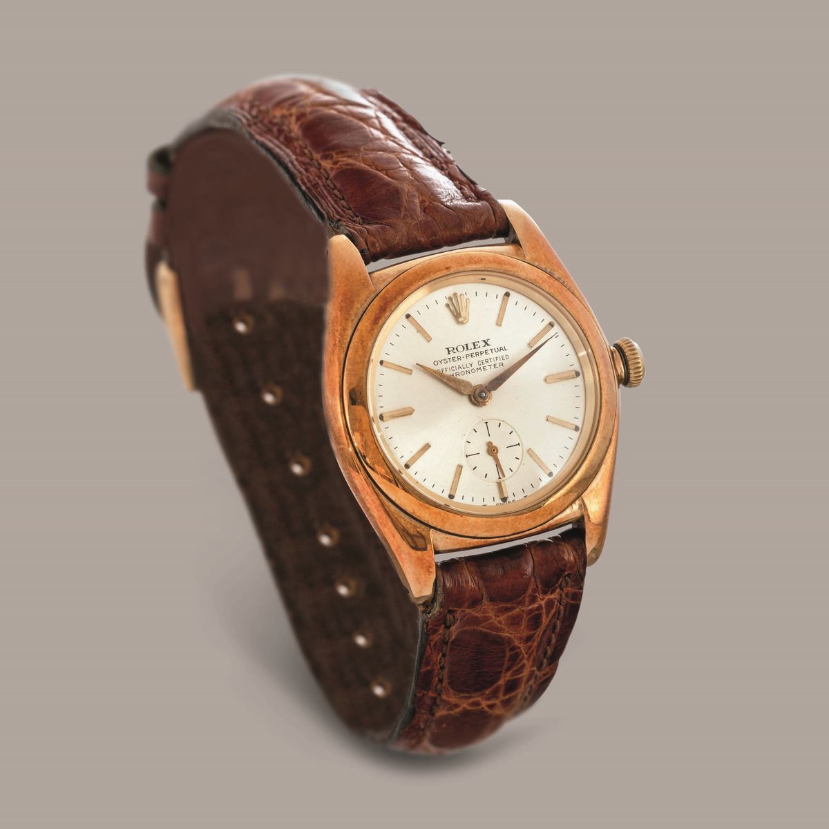 Rolex - Ovetto Ref 3131 in Oro Giallo 14k Quadrante Argentè Soleil, Secondi in Basso e Carica Aut...