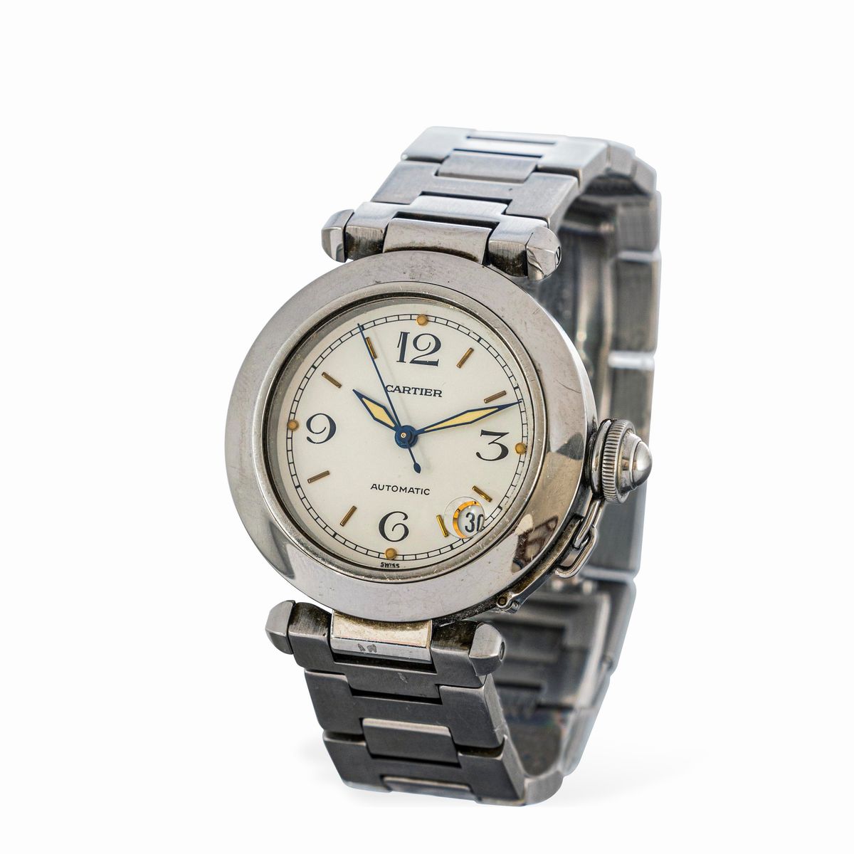 Cartier - Pashà in Acciaio Automatico, Quadrante Bianco Numeri Arabi con Datario, Sfere Luminesce...