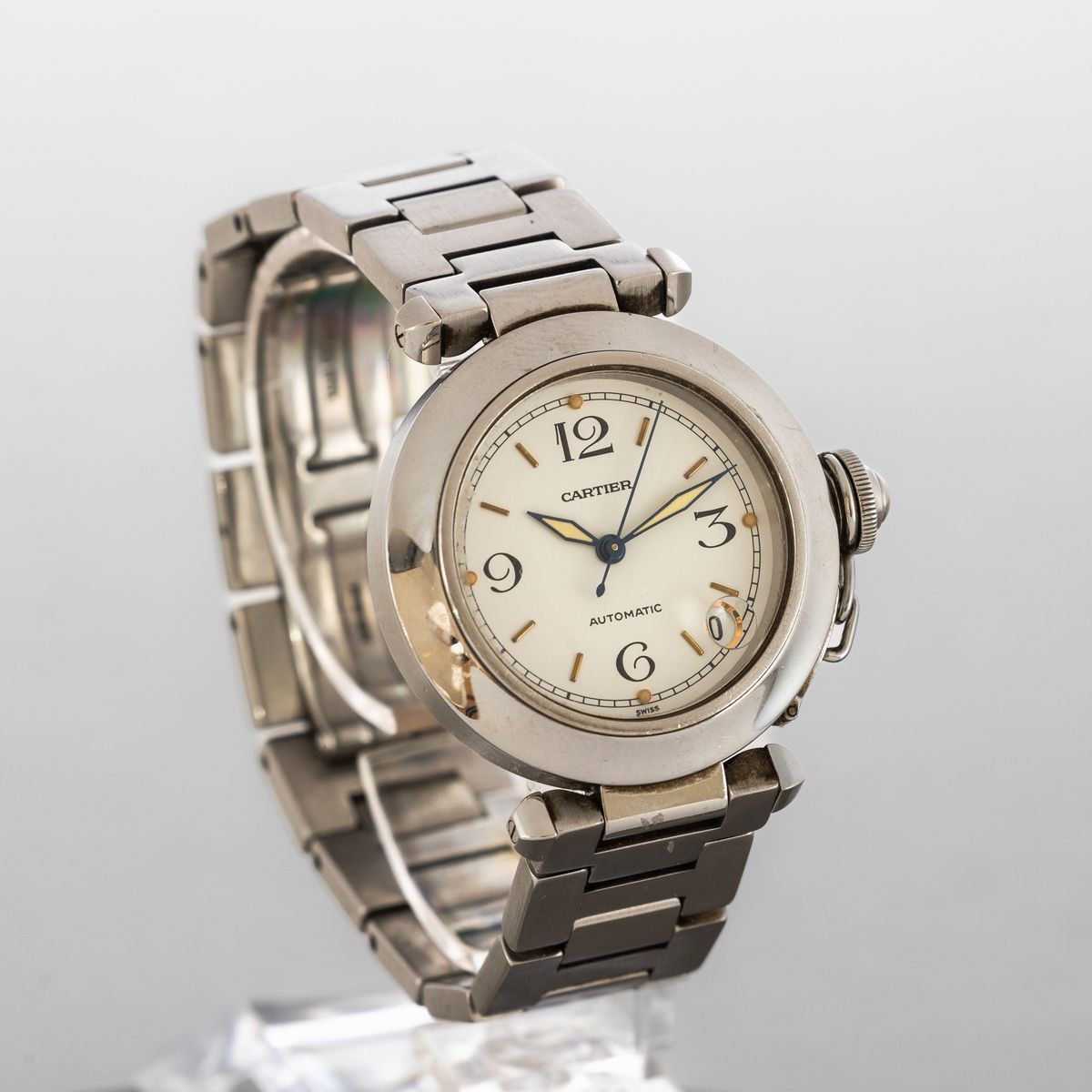 Cartier - Pashà in Acciaio Automatico, Quadrante Bianco Numeri Arabi con Datario, Sfere Luminesce...