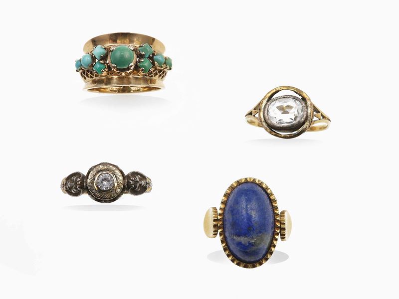 Four gold, turquoise, lapis-lazuli and glass rings  - Auction Jewels - Cambi Casa d'Aste
