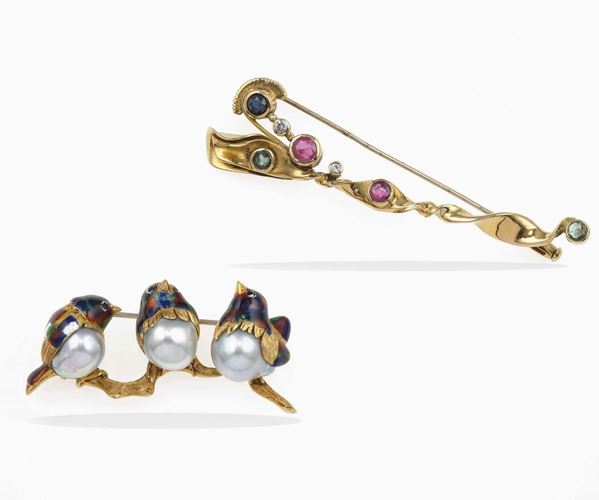 Two gem-set and enamel brooches