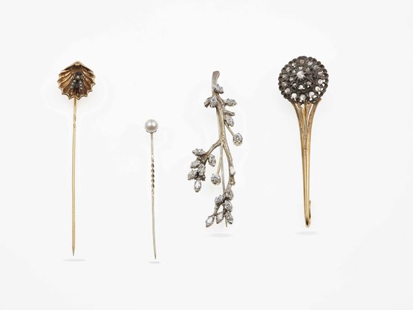 Four gold, diamond and pearl brooches