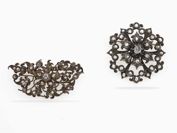 Two old-cut diamond and silver brooches