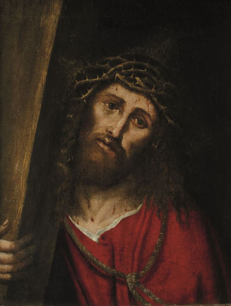 Bartolomeo Montagna : Cristo coronato di spine appoggiato alla croce  - olio su tela - Asta Dipinti Antichi - I - Cambi Casa d'Aste