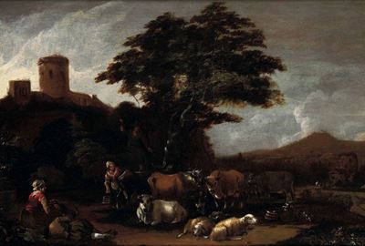 Cornelis Saftleven (1607 Gorinchem - 1681 Rotterdam) Paesaggio con Pastori e Armenti