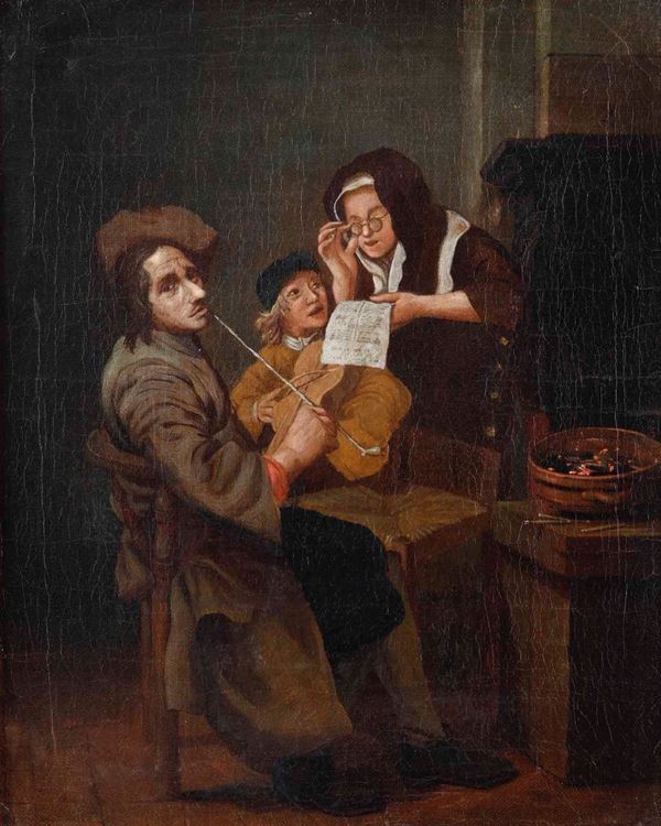 Scuola fiamminga del XVIII secolo Interno con fumatore, donna che legge una lettera e musicista