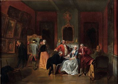 Nella galleria dell'antiquario, olio su tavola