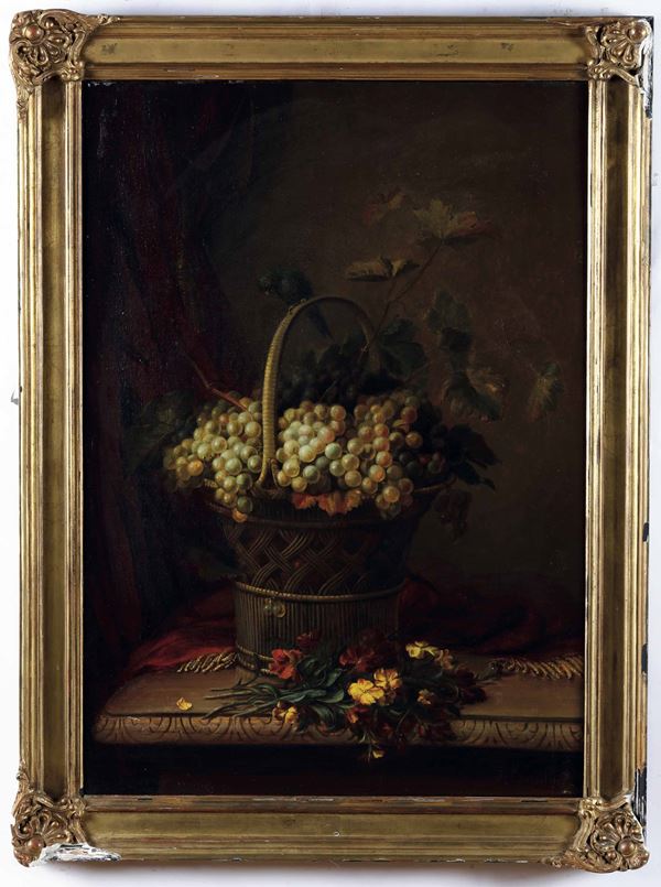 Natura morta con cesta colma d’uva e fiori