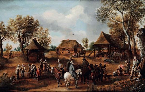 Scuola olandese del XVII secolo Villaggio con contadini