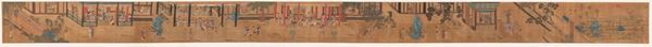 Grande dipinto su seta raffigurante scena di vita comune con cortigiane e altri personaggi con iscrizione, Cina, Dinastia Qing, epoca Qianlong (1736-1796)