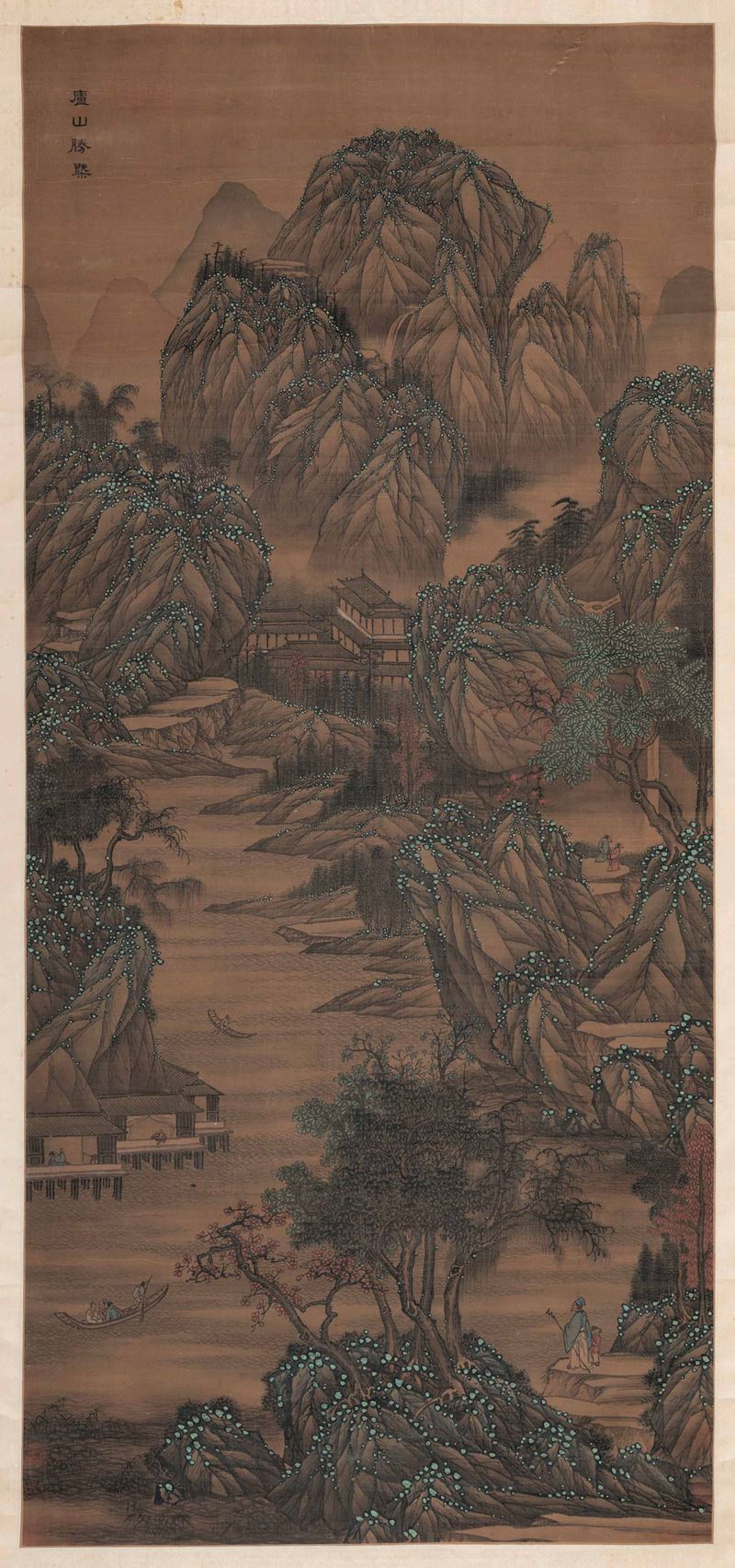 Dipinto su seta raffigurante paesaggio montano con villaggio, figure e iscrizione, Cina, Dinastia Qing, XIX secolo  - Asta Fine Chinese Works of Art - Cambi Casa d'Aste