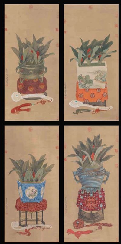 Quattro Dipinti su Seta Raffiguranti Soggetti Naturalistici e Iscrizioni, Cina, Dinastia Qing, XI...