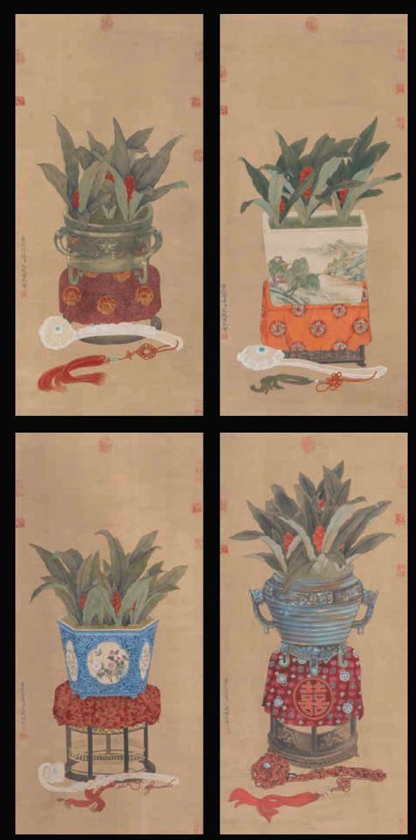 Quattro dipinti su seta raffiguranti soggetti naturalistici e iscrizioni, Cina, Dinastia Qing, XIX secolo