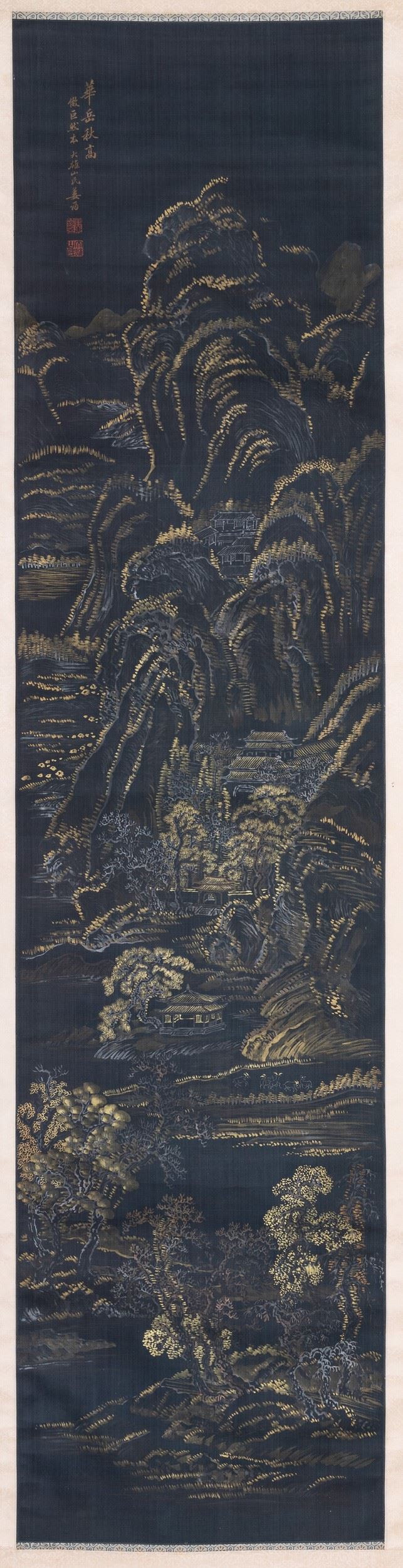 Dipinto su seta a fondo blu raffigurante paesaggio con pagode e iscrizione, Cina, Dinastia Qing, XIX secolo  - Asta Arte Orientale - Cambi Casa d'Aste