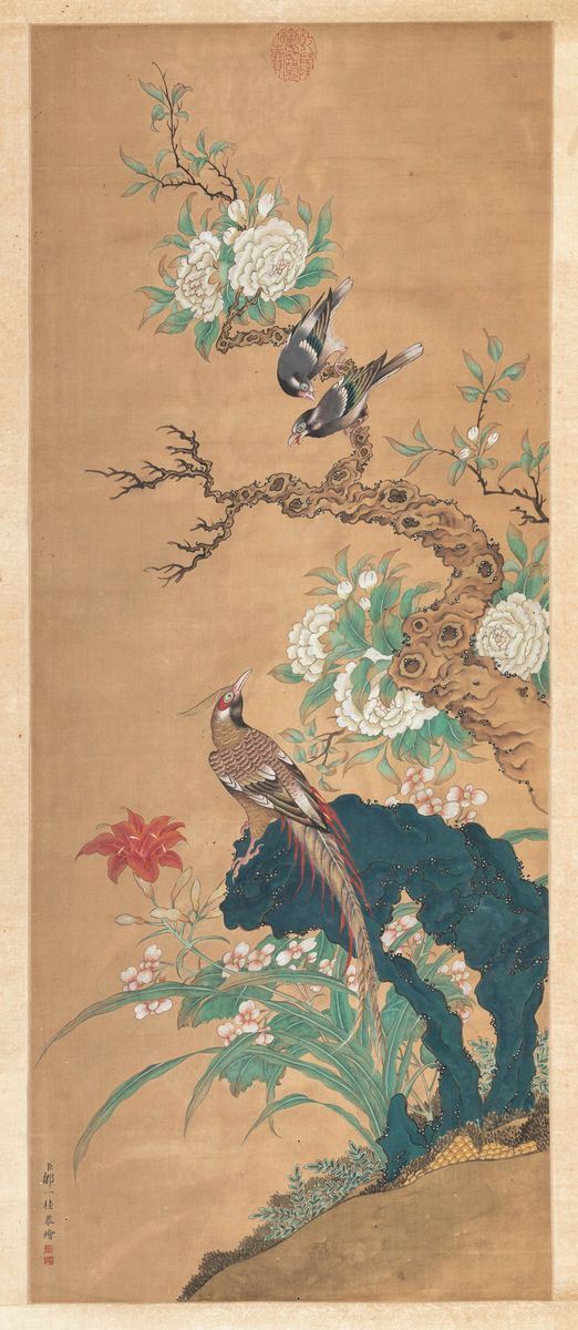 Dipinto su seta raffigurante uccellini tra i rami con iscrizione, Cina, Dinastia Qing, XIX secolo