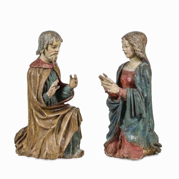 Madonna e San Giuseppe in adorazione. Due sculture in legno policromo. Arte marchigiana rinascimentale, XVI secolo