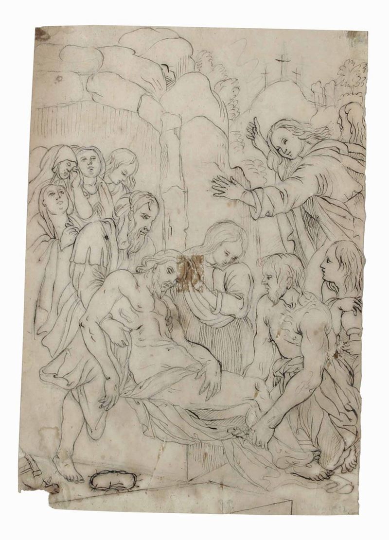 Scuola del XVIII secolo La Deposizione di Cristo  - penna e inchiostro bruno su carta - Asta Dipinti Antichi - I - Cambi Casa d'Aste
