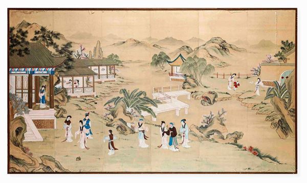 Grande dipinto su carta raffigurante scena di vita comune con saggio e fanciulle entro paesaggio, Cina, Dinastia Qing, XIX secolo
