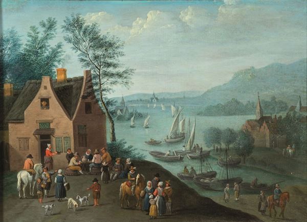 Scuola fiamminga del XVIII secolo Osteria con figure e città di porto sullo sfondo