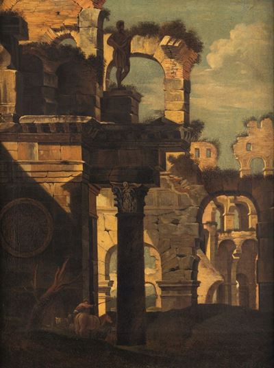 Scuola del XVIII Secolo Capriccio Architettonico con Rovine Classiche e Pastore