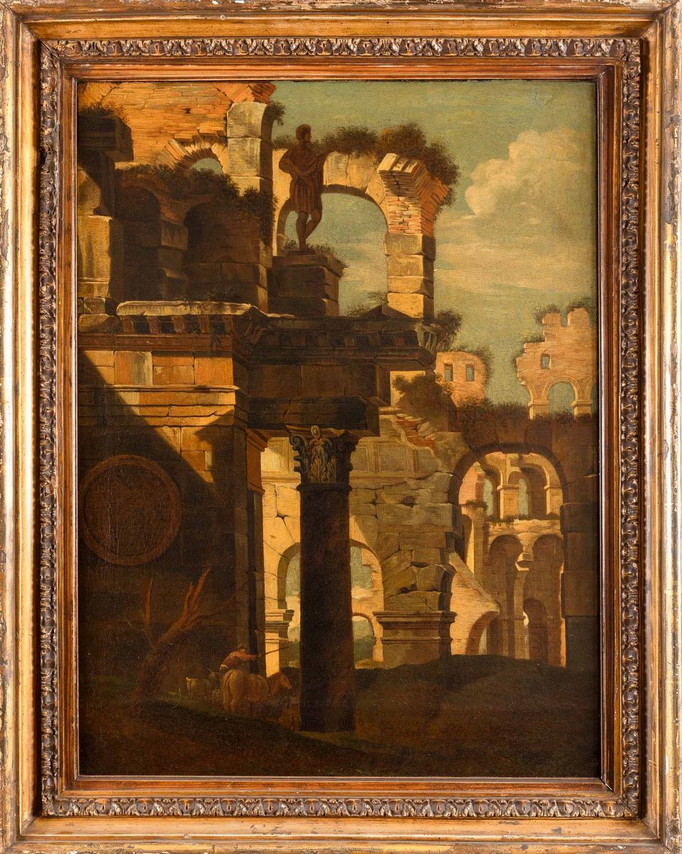 Scuola del XVIII Secolo Capriccio Architettonico con Rovine Classiche e Pastore