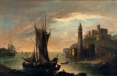 Scuola del XIX Secolo Veduta di Porto con Velieri e Faro