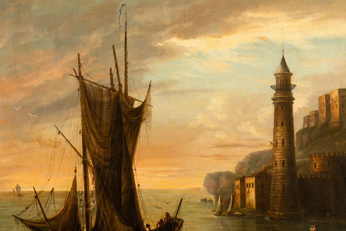 Scuola del XIX Secolo Veduta di Porto con Velieri e Faro