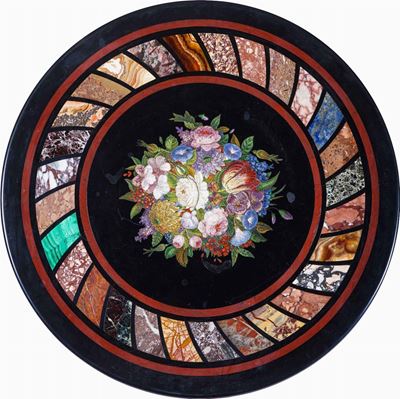 Tavolino con Piano a Commesso di Marmi e Pietre Dure Centrato da Micromosaico Floreale. XX Secolo