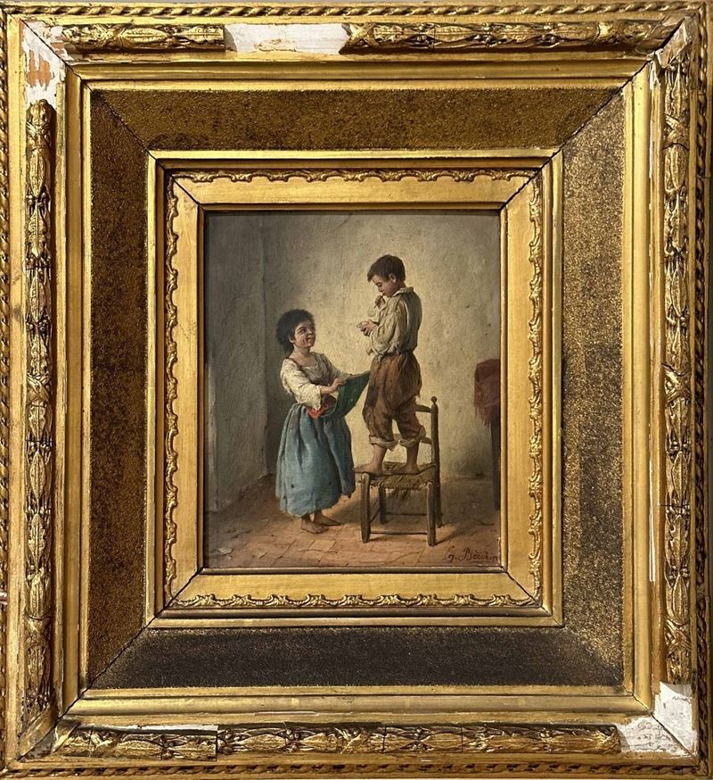 Due bimbi in interno  - olio su tavoletta - Asta Dipinti del XIX-XX secolo - Cambi Casa d'Aste