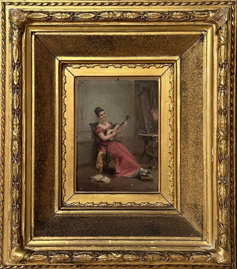 Fanciulla che suona la chitarra in interno  - olio su tavoletta - Asta Dipinti del XIX-XX secolo - Cambi Casa d'Aste
